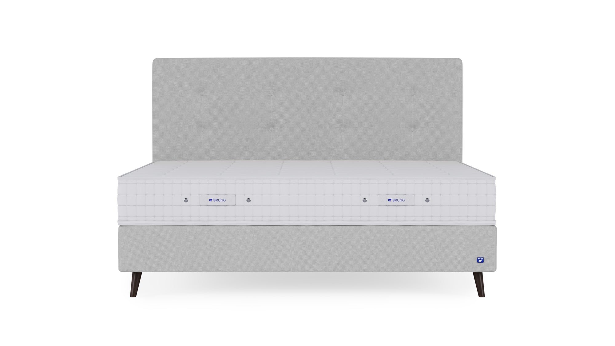 Boxspringbett Prestige von Bruno – in Hellgrau, Opus-Kopfteil, Füße aus Espresso-Buche