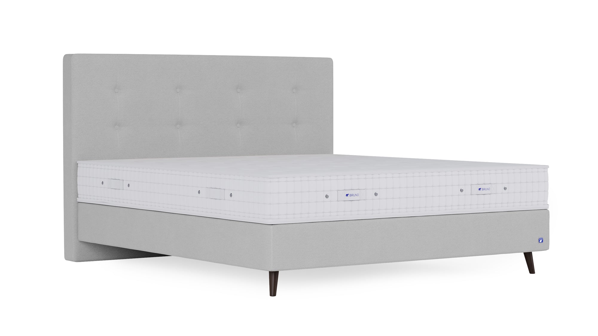 Boxspringbett Prestige von Bruno – in Hellgrau, Opus-Kopfteil, Füße aus Espresso-Buche