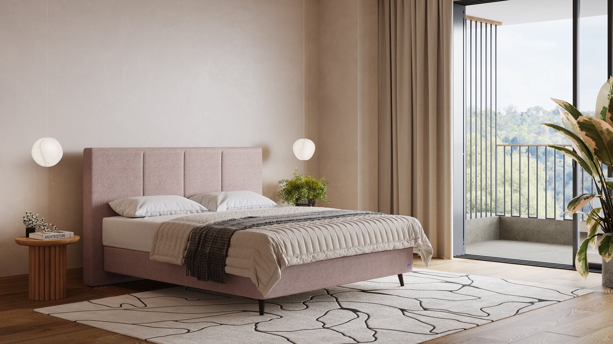 Boxspringbett Prestige von Bruno – in Glory Blush, Vertica-Kopfteil, Füße aus Espresso-Buche