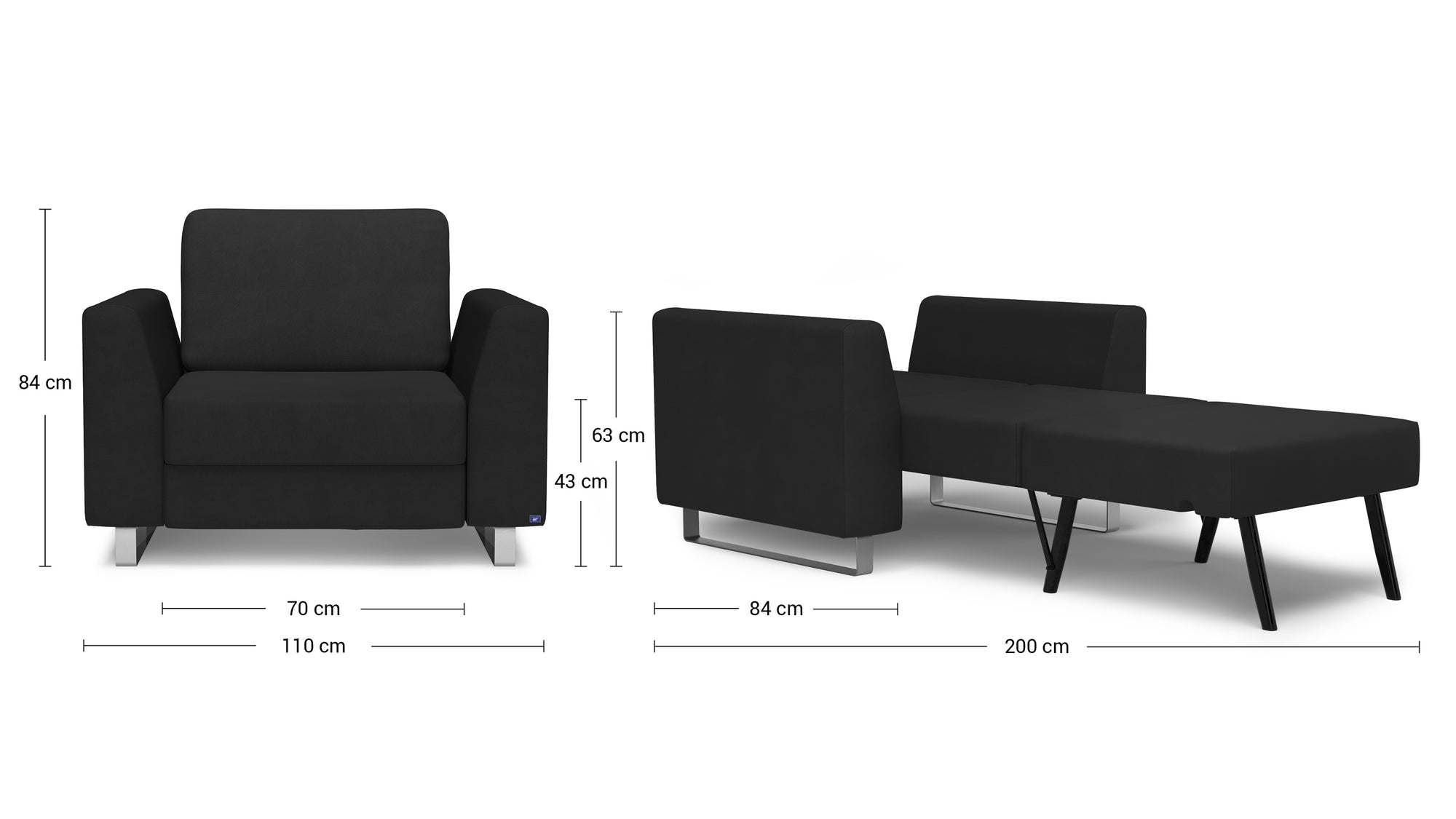 Schlafsessel von Bruno – in Anthrazit, Klassik-Armlehnen, Metallfüße