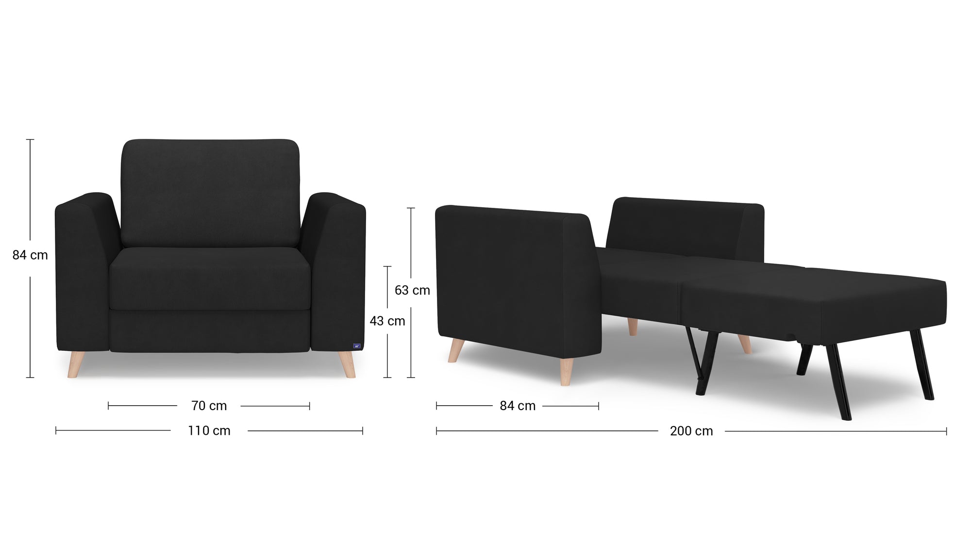 Schlafsessel von Bruno – in Anthrazit, Klassik-Armlehnen, Holzfüße