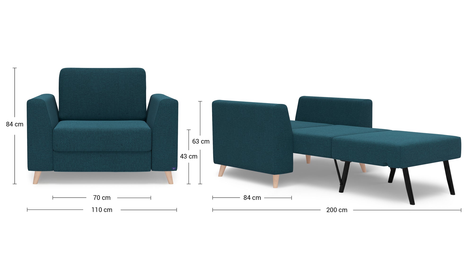 Schlafsessel von Bruno – in Türkis, Klassik-Armlehnen, Holzfüße, mit Schlaffunktion