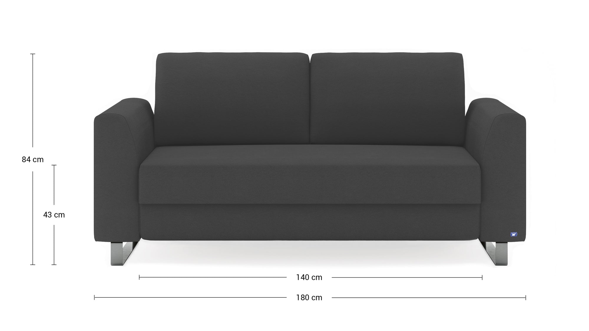 Schlafsofa von Bruno – 140 cm, in Anthrazit, Klassik-Armlehnen, Metallfüße