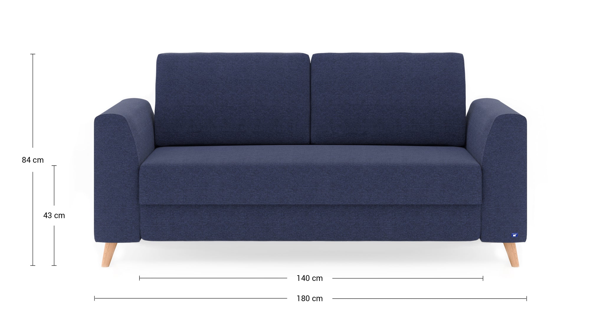 Schlafsofa von Bruno – 140 cm, in Blau, Klassik-Armlehnen, Holzfüße