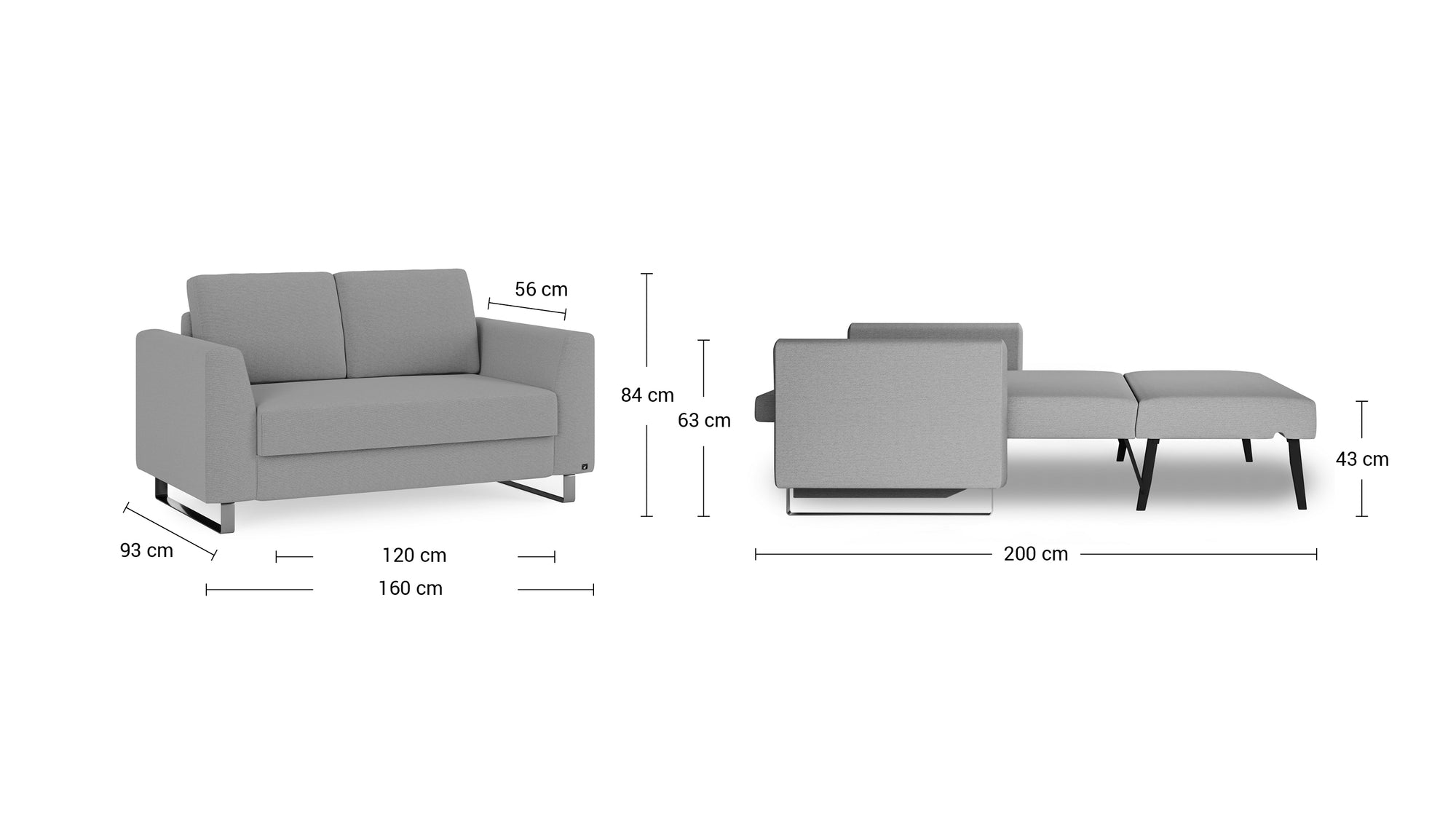 Schlafsofa von Bruno – 120 cm, Klassik-Armlehnen, Metallfüße