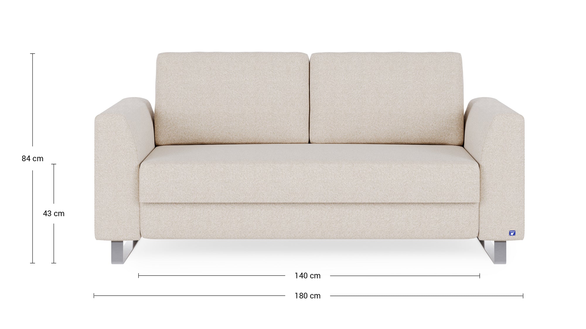 Schlafsofa von Bruno – 140 cm, in Glory Soft Beige, Klassik-Armlehnen, Metallfüße