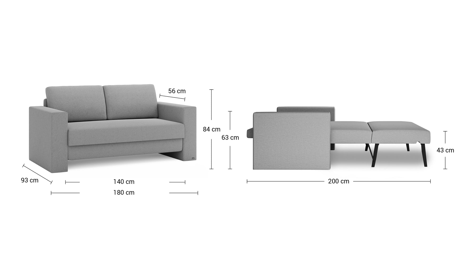 Schlafsofa von Bruno – 140 cm, Kubus-Armlehnen