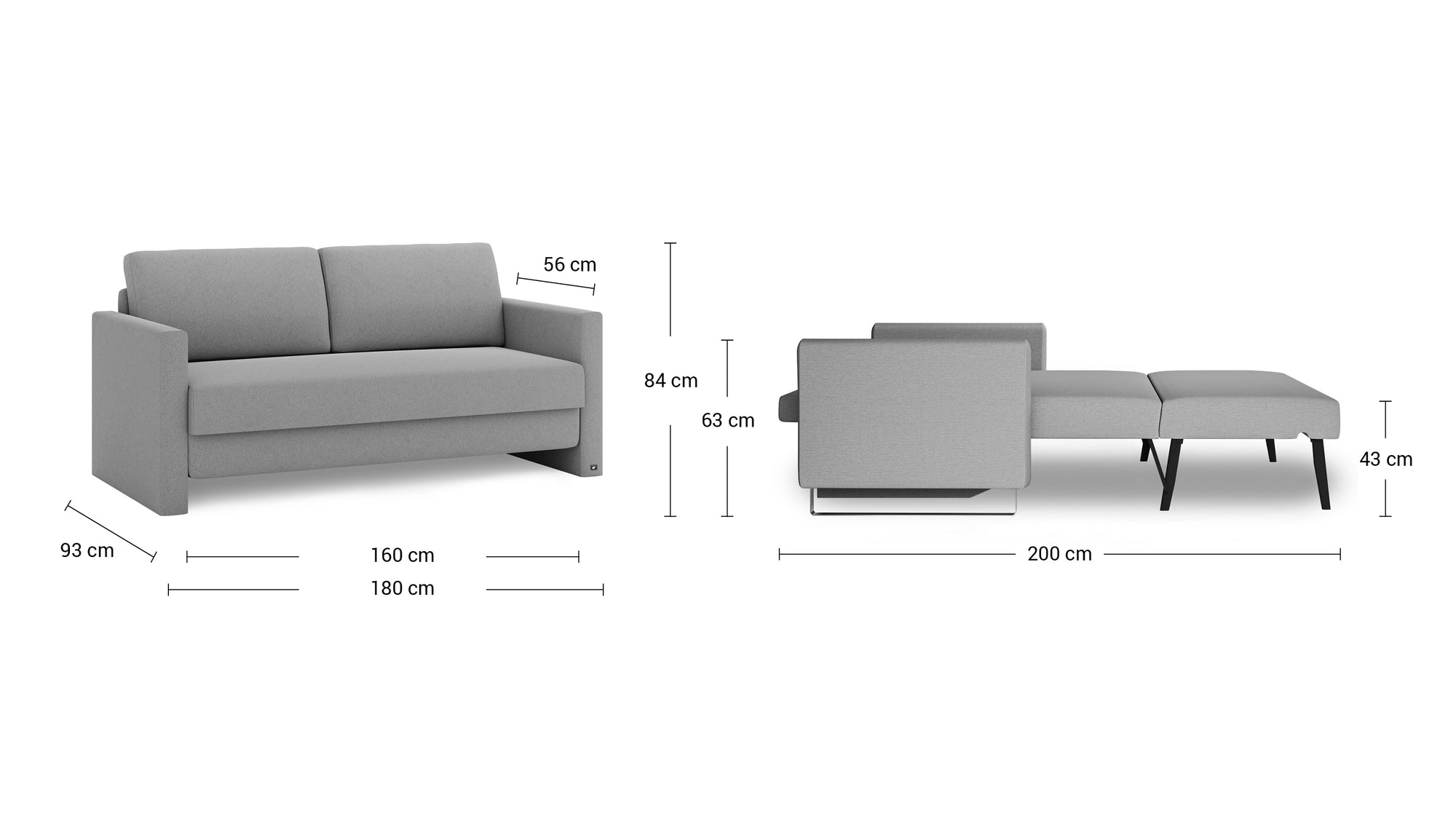 Schlafsofa von Bruno – 160 cm, schmale Armlehnen