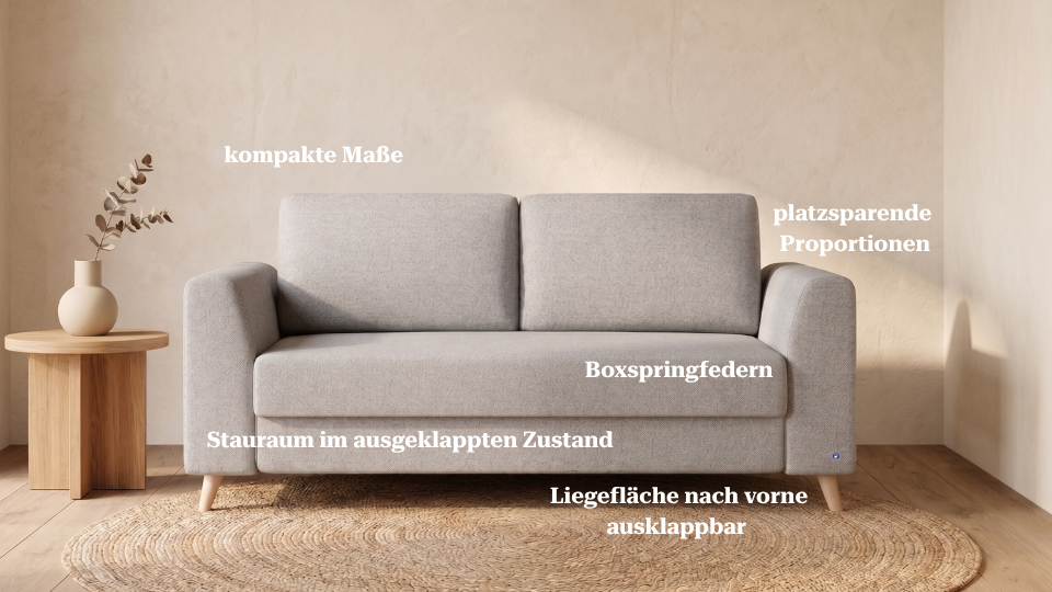 Grafik mit produktbezogenen Vorteilen des Bruno Schlafsofas