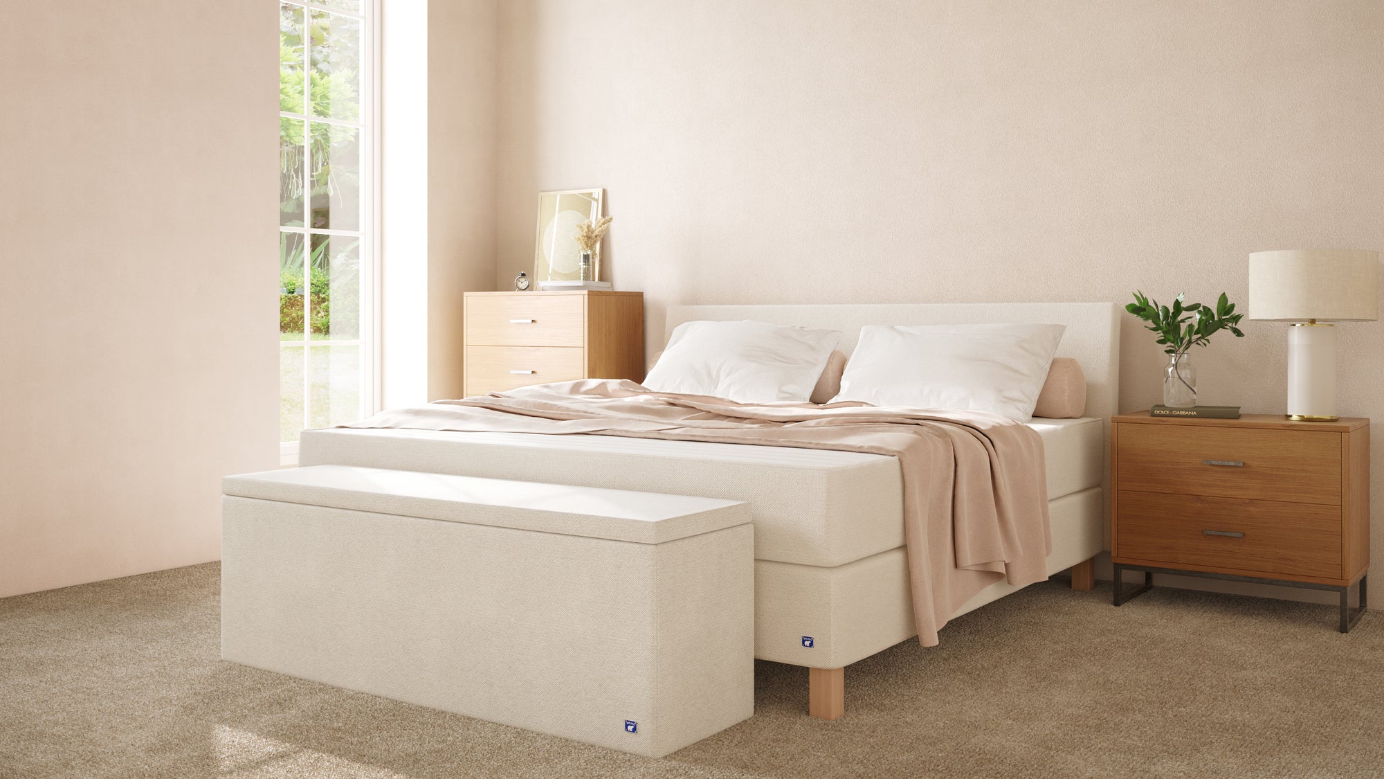 Boxspringbett Premium von Bruno – in Beige, Kurz-Kopfteil, Klassik-Armlehnen