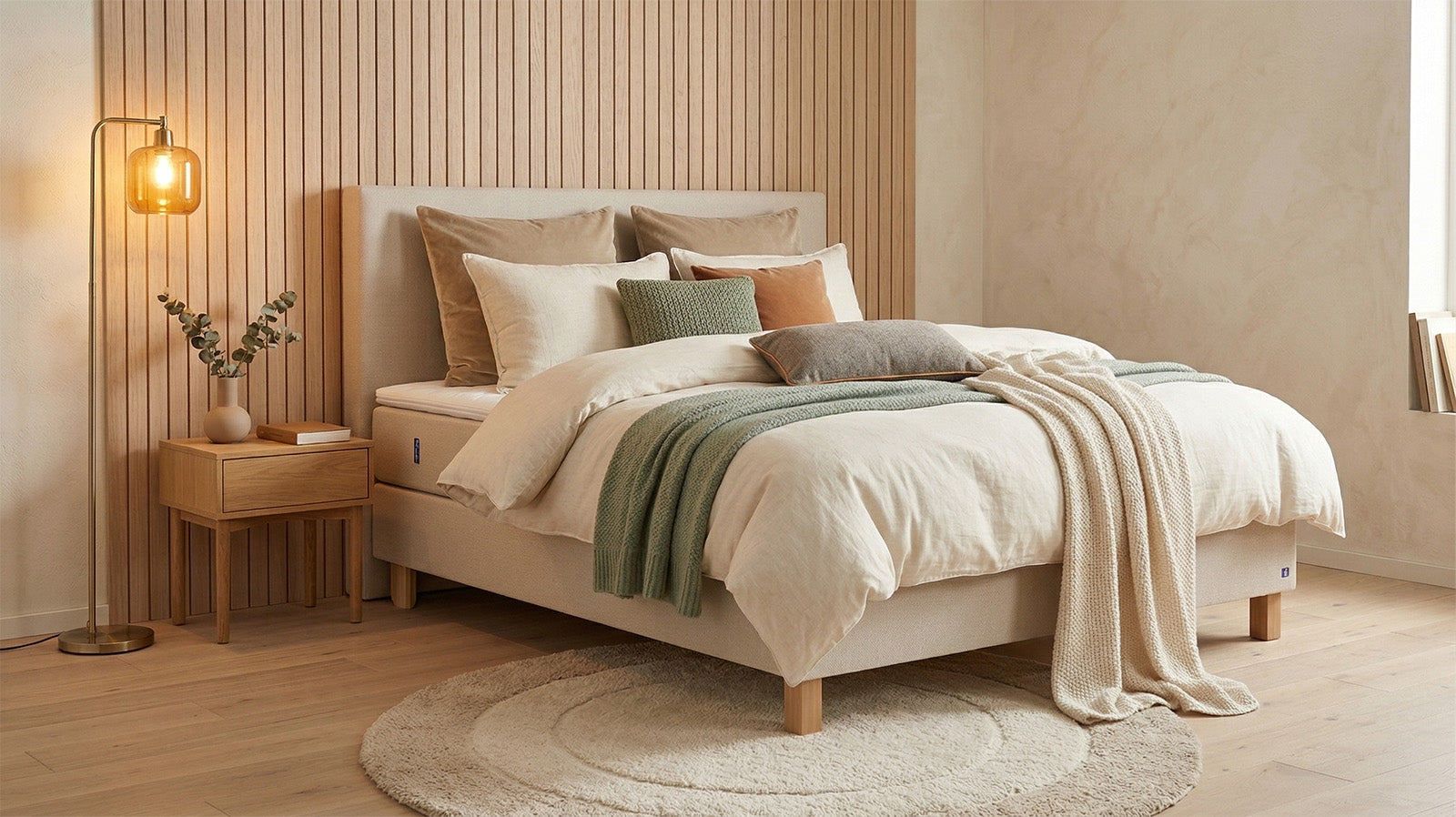 Boxspringbett Premium von Bruno – in Beige, Opus-Kopfteil, Klassik-Armlehnen
