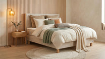 Boxspringbett Premium von Bruno – in Beige, Opus-Kopfteil, Klassik-Armlehnen