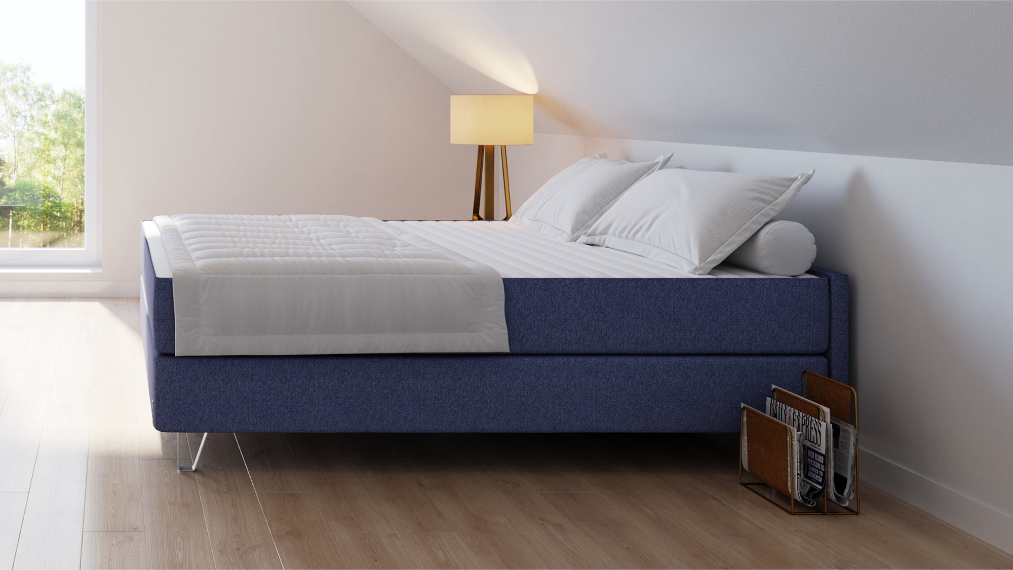 Boxspringbett Premium von Bruno – in Blau, Compact-Kopfteil, Klassik-Armlehnen