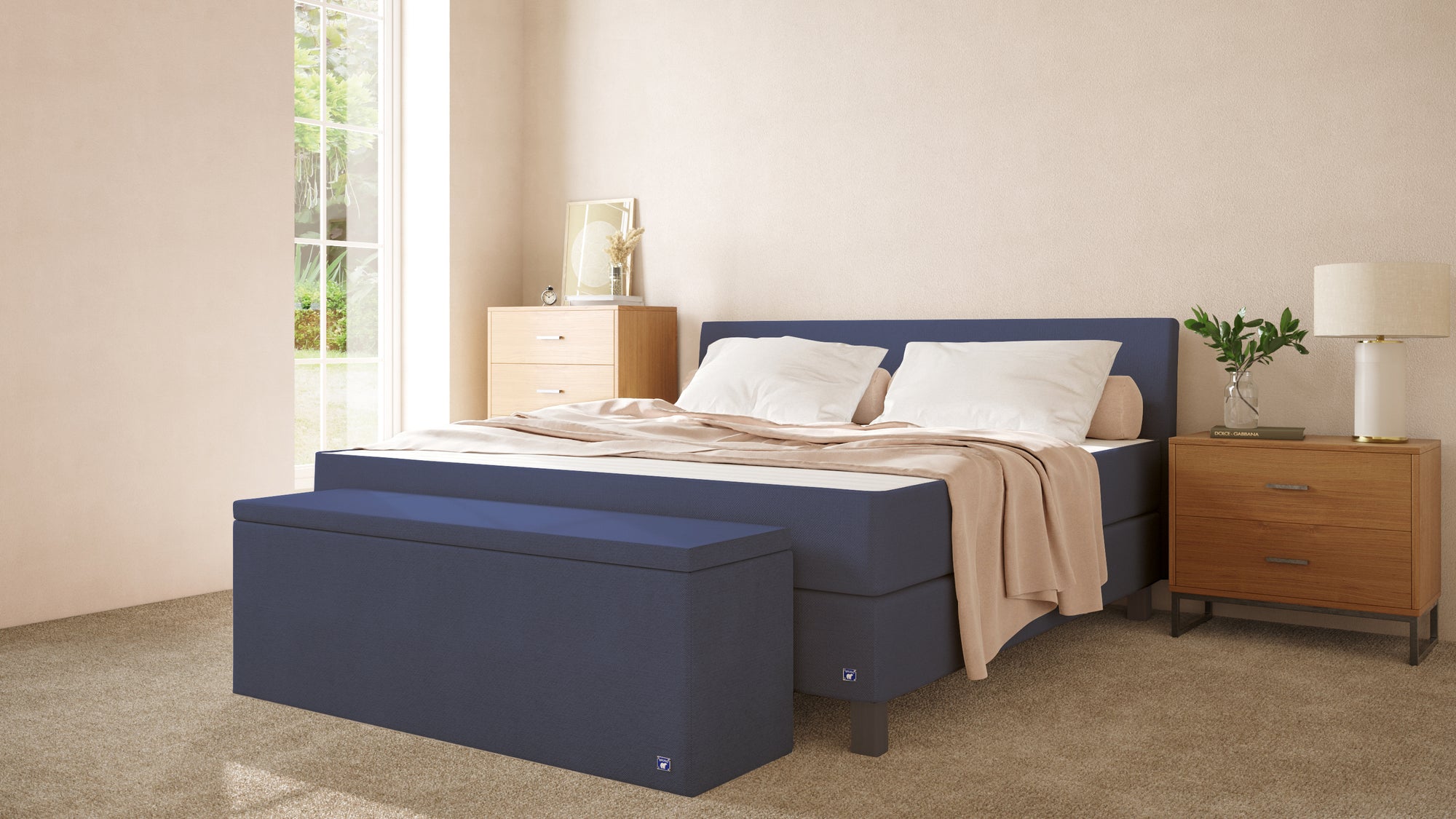 Boxspringbett Premium von Bruno – in Blau, Kurz-Kopfteil, Klassik-Armlehnen