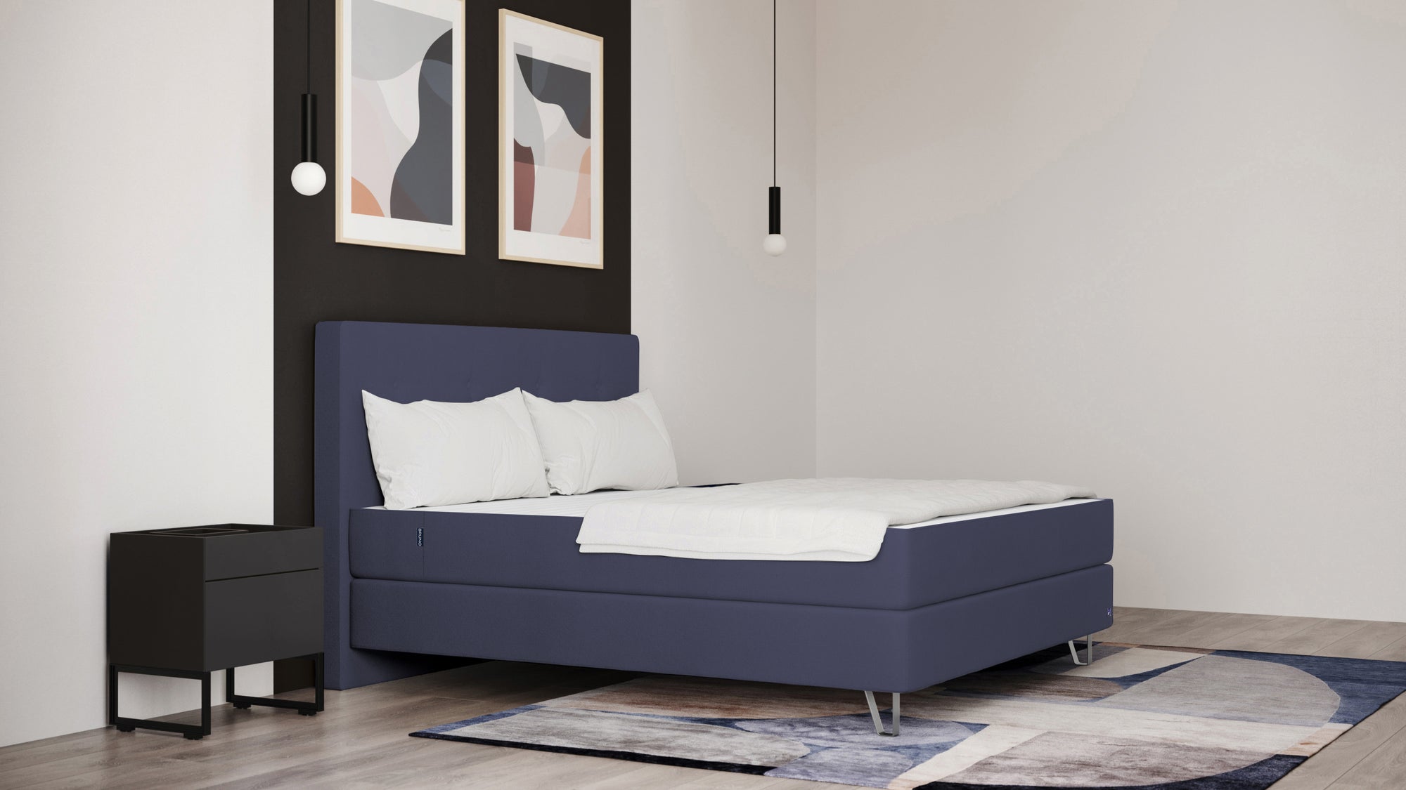 Boxspringbett Premium von Bruno – in Blau, Opus-Kopfteil, Klassik-Armlehnen