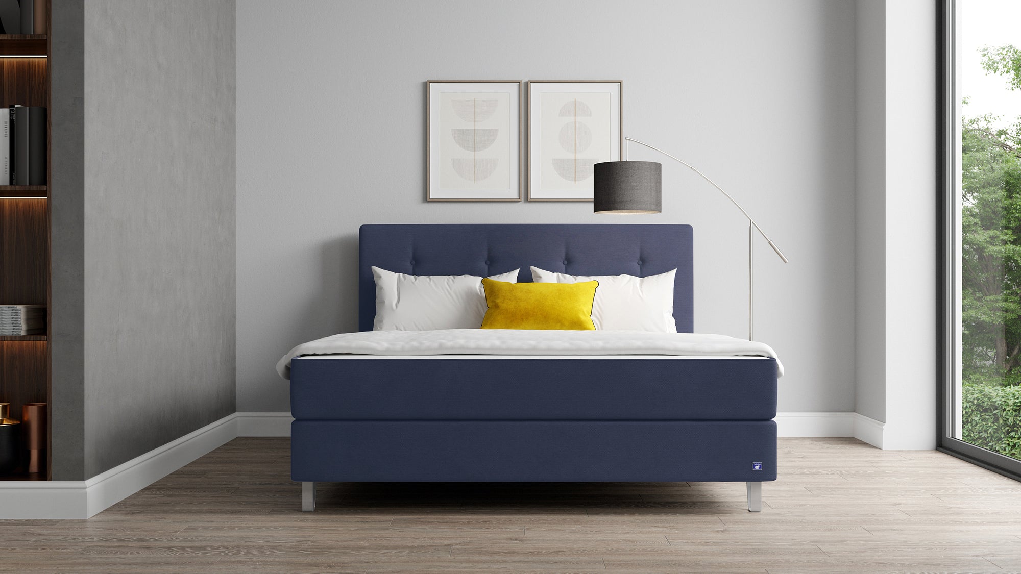 Boxspringbett Premium von Bruno – in Blau, Opus-Kopfteil, Klassik-Armlehnen