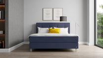 Boxspringbett Premium von Bruno – in Blau, Opus-Kopfteil, Klassik-Armlehnen