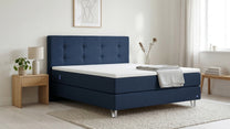 Boxspringbett Premium von Bruno – in Blau, Opus-Kopfteil, Klassik-Armlehnen