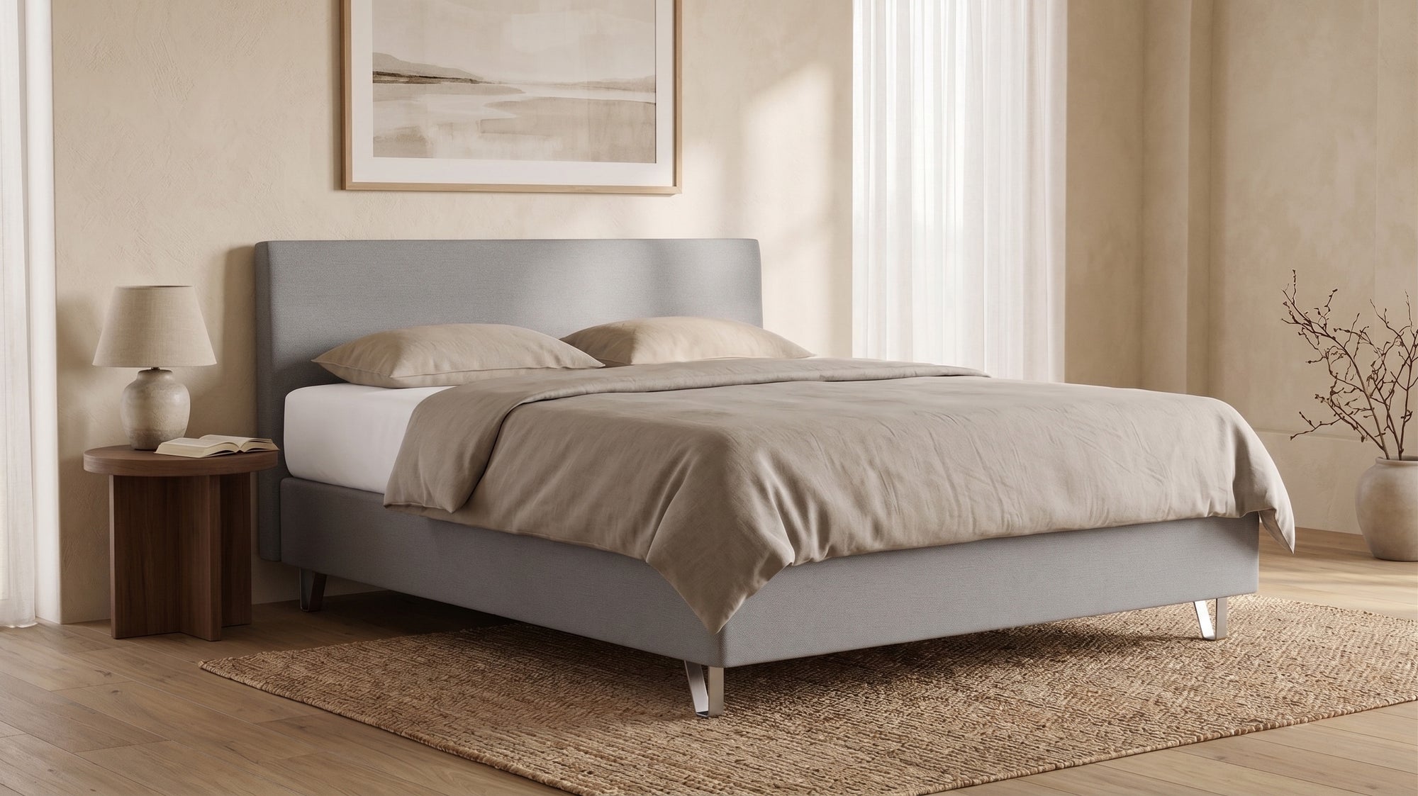 Boxspringbett Premium von Bruno – in Hellgrau, Kurz-Kopfteil, Klassik-Armlehnen