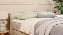 Boxspringbett Premium mit Stauraum von Bruno – in Beige, Kurz-Kopfteil