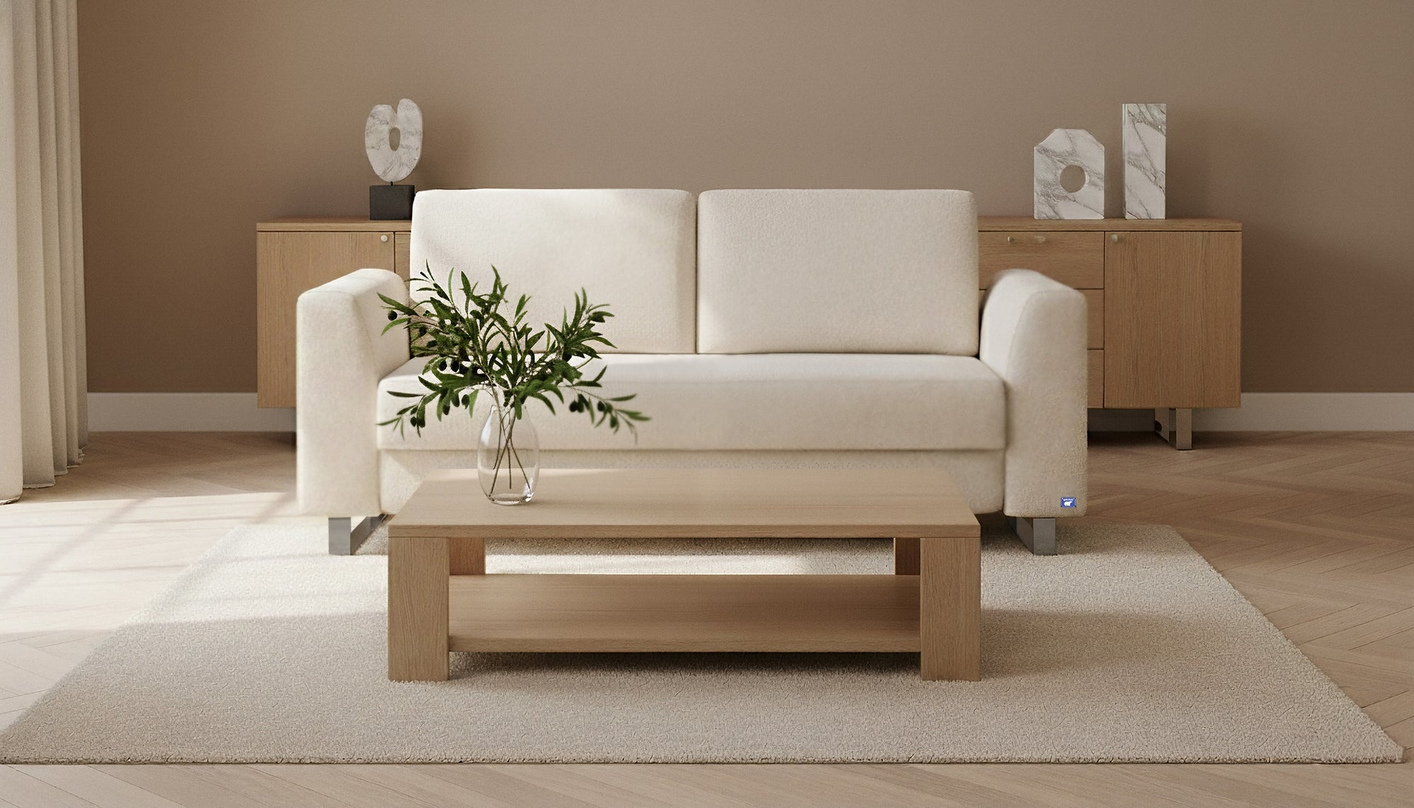Schlafsofa von Bruno – 140 cm, in Beige, Klassik-Armlehnen, Metallfüße