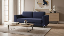 Schlafsofa von Bruno – 140 cm, in Blau, Klassik-Armlehnen, Metallfüße