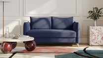Bruno Schlafsofa 140 cm in Blau mit Pillow-Armlehnen und Holzfüßen – Produktansicht