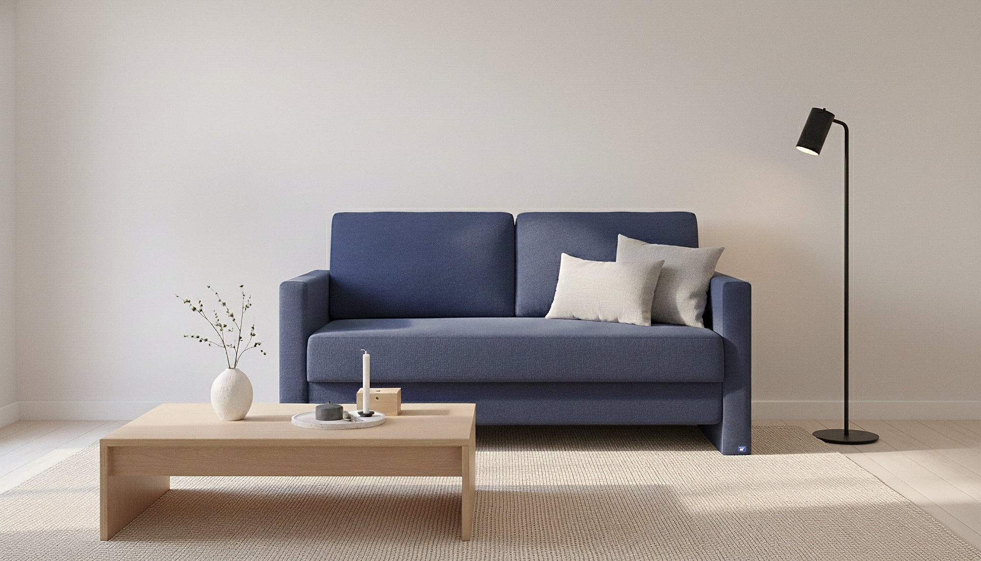 Schlafsofa von Bruno – 140 cm, in Blau, schmale Armlehnen