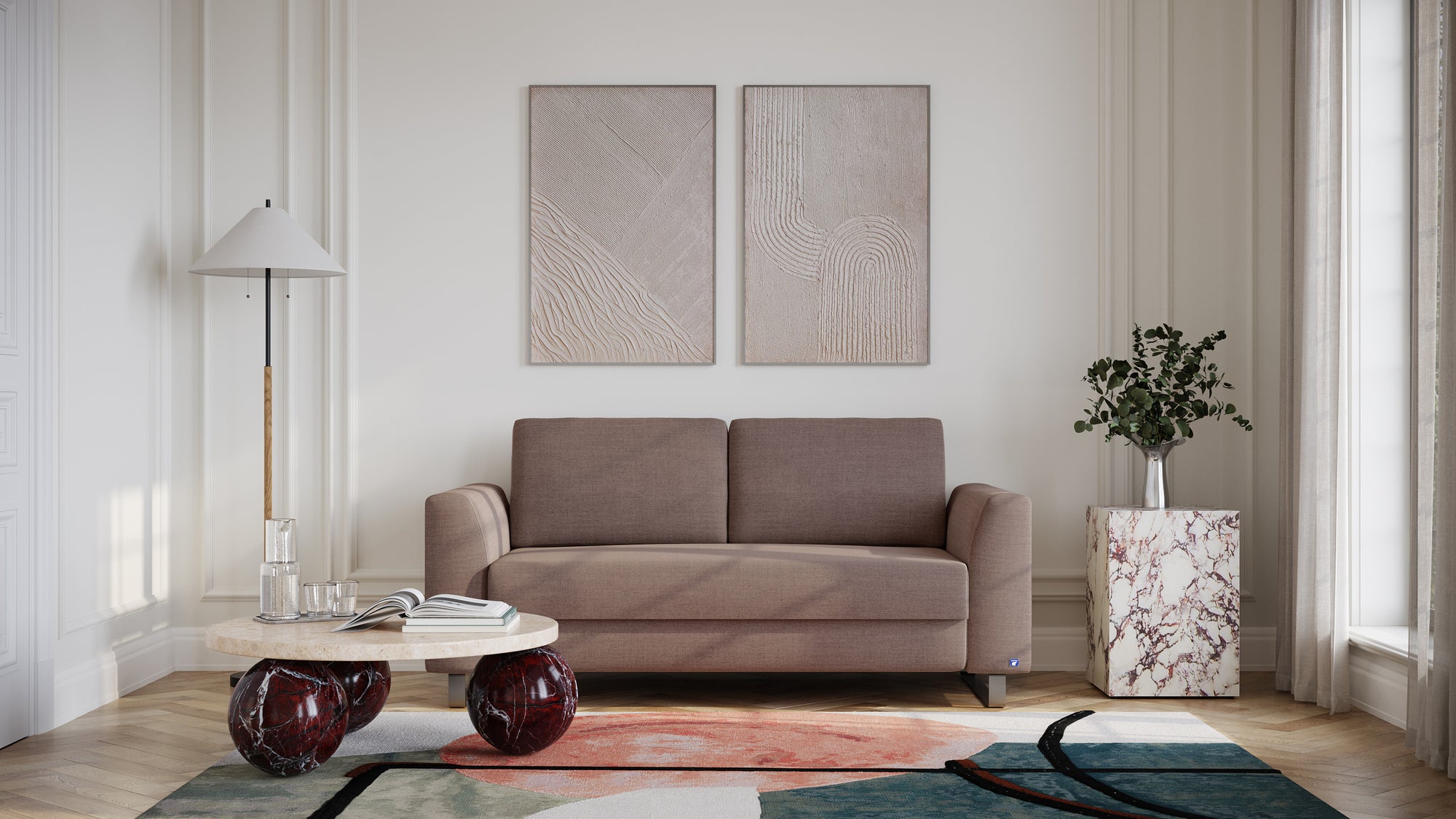 Schlafsofa von Bruno – 140 cm, in Braun, Klassik-Armlehnen, Metallfüße