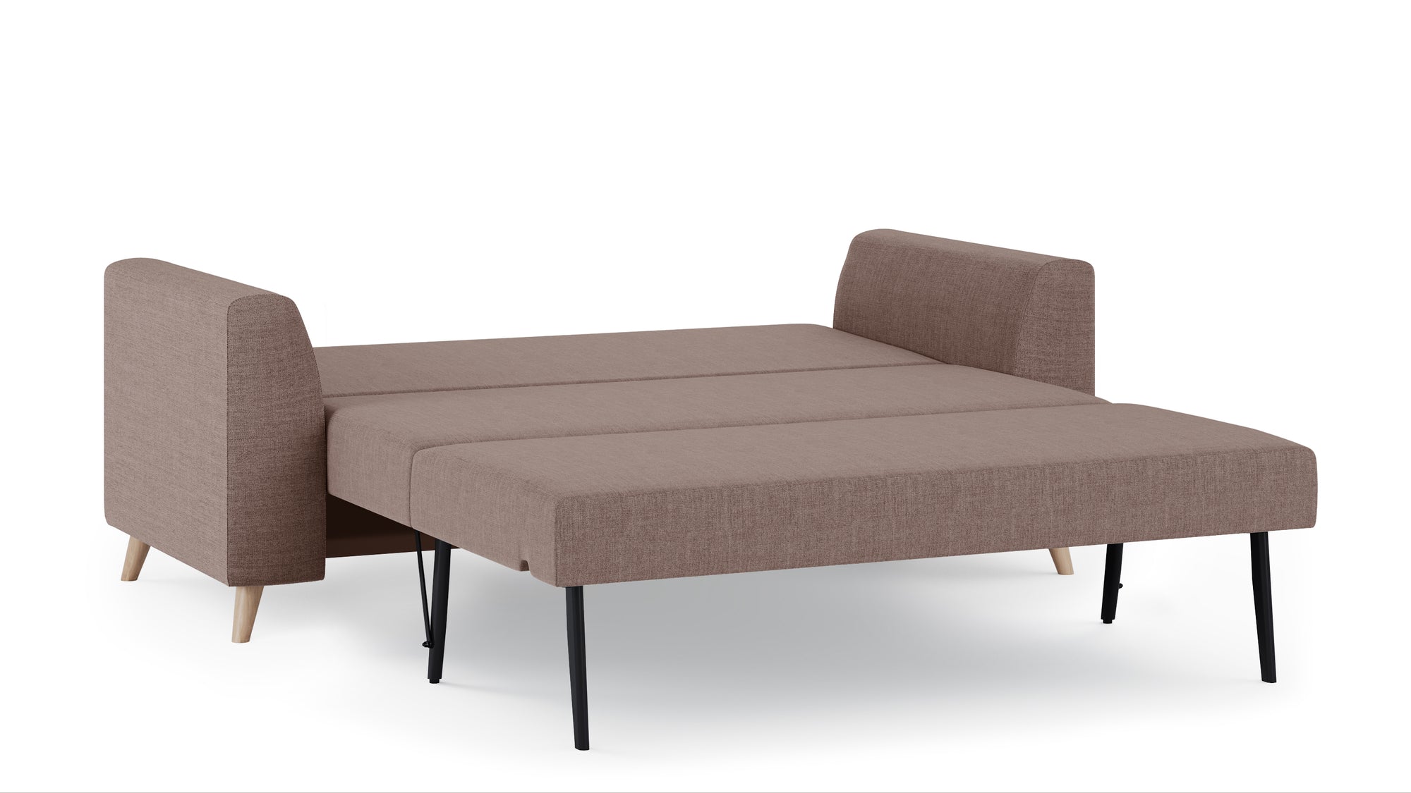 Schlafsofa von Bruno – 140 cm, in Braun, Klassik-Armlehnen, Holzfüße