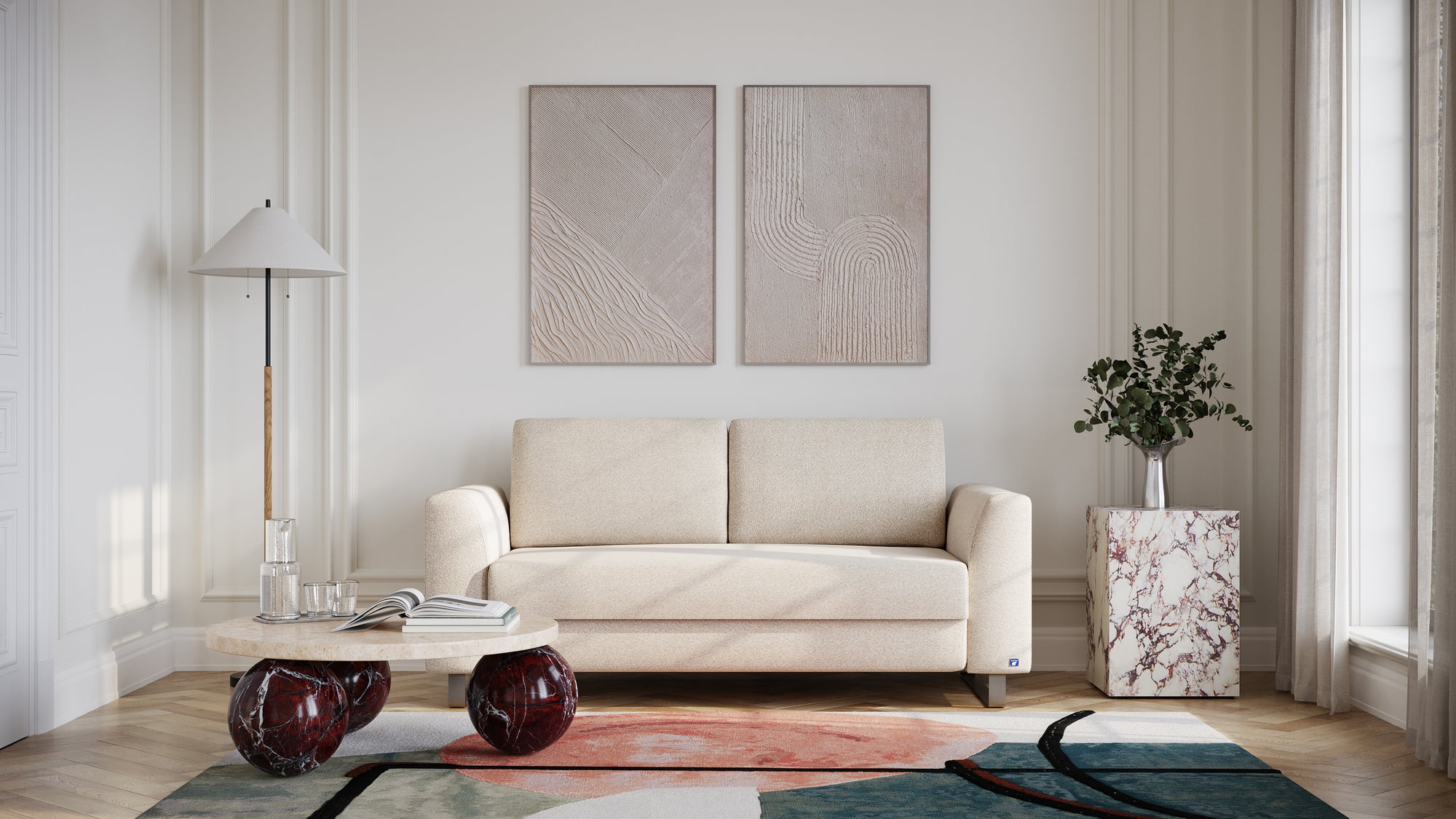 Schlafsofa von Bruno – 140 cm, in Glory Soft Beige, Klassik-Armlehnen, Metallfüße