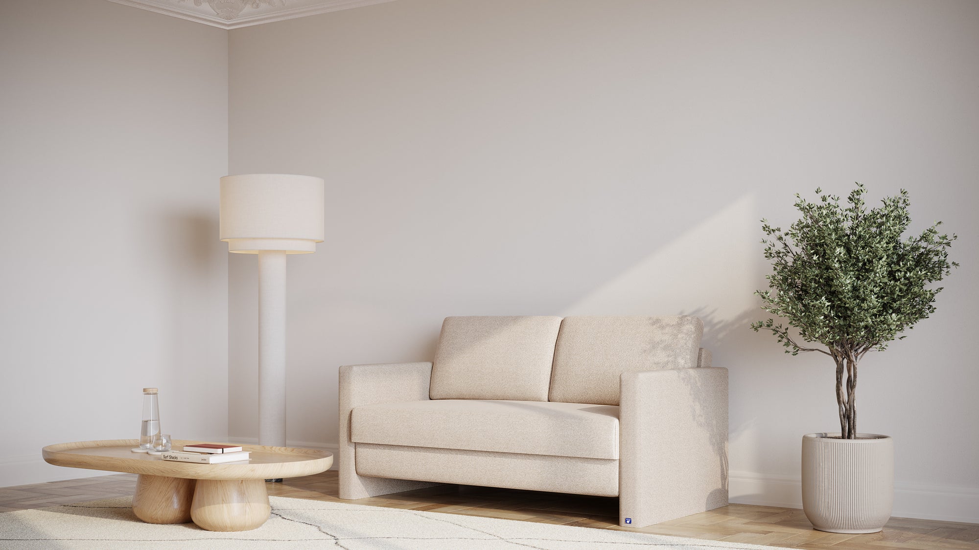 Schlafsofa von Bruno – 140 cm, in Glory Soft Beige, schmale Armlehnen