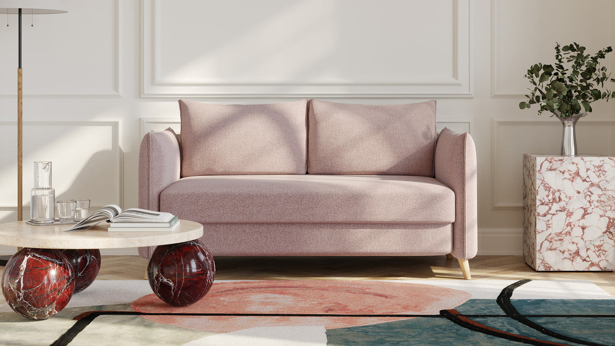 Bruno Schlafsofa 140 cm in Glory Blush mit Pillow-Armlehnen und Holzfüßen – Produktansicht