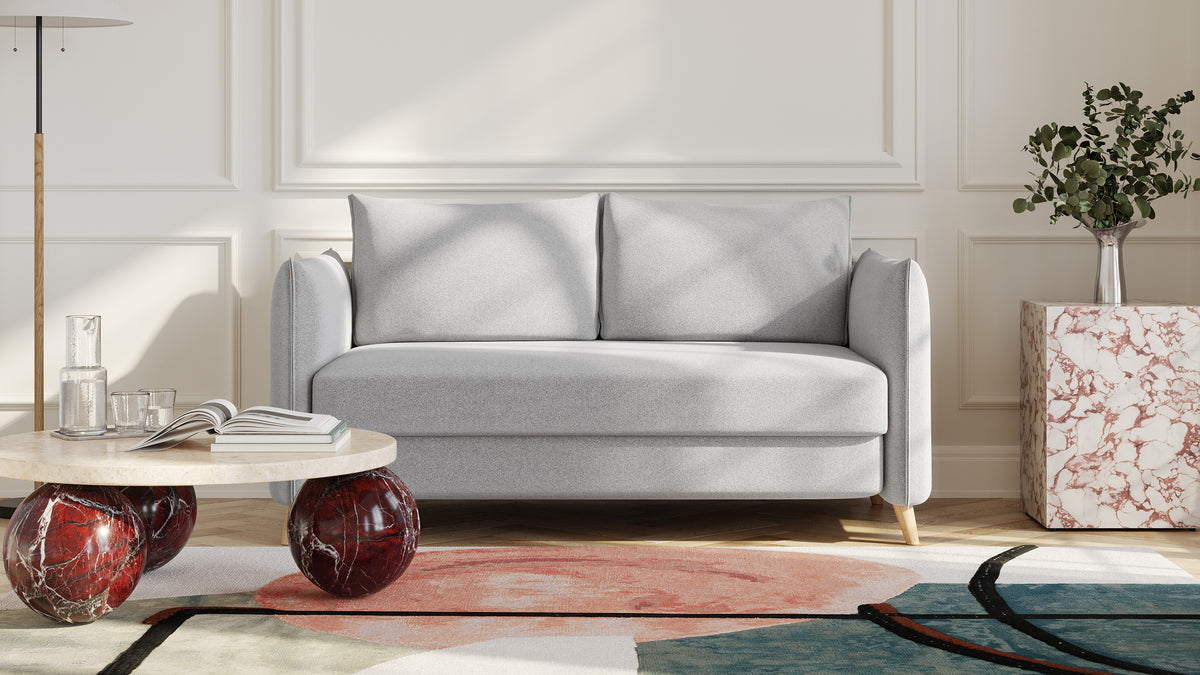 Bruno Schlafsofa 140 cm in Glory Silver Grey mit Pillow-Armlehnen und Holzfüßen – Produktansicht