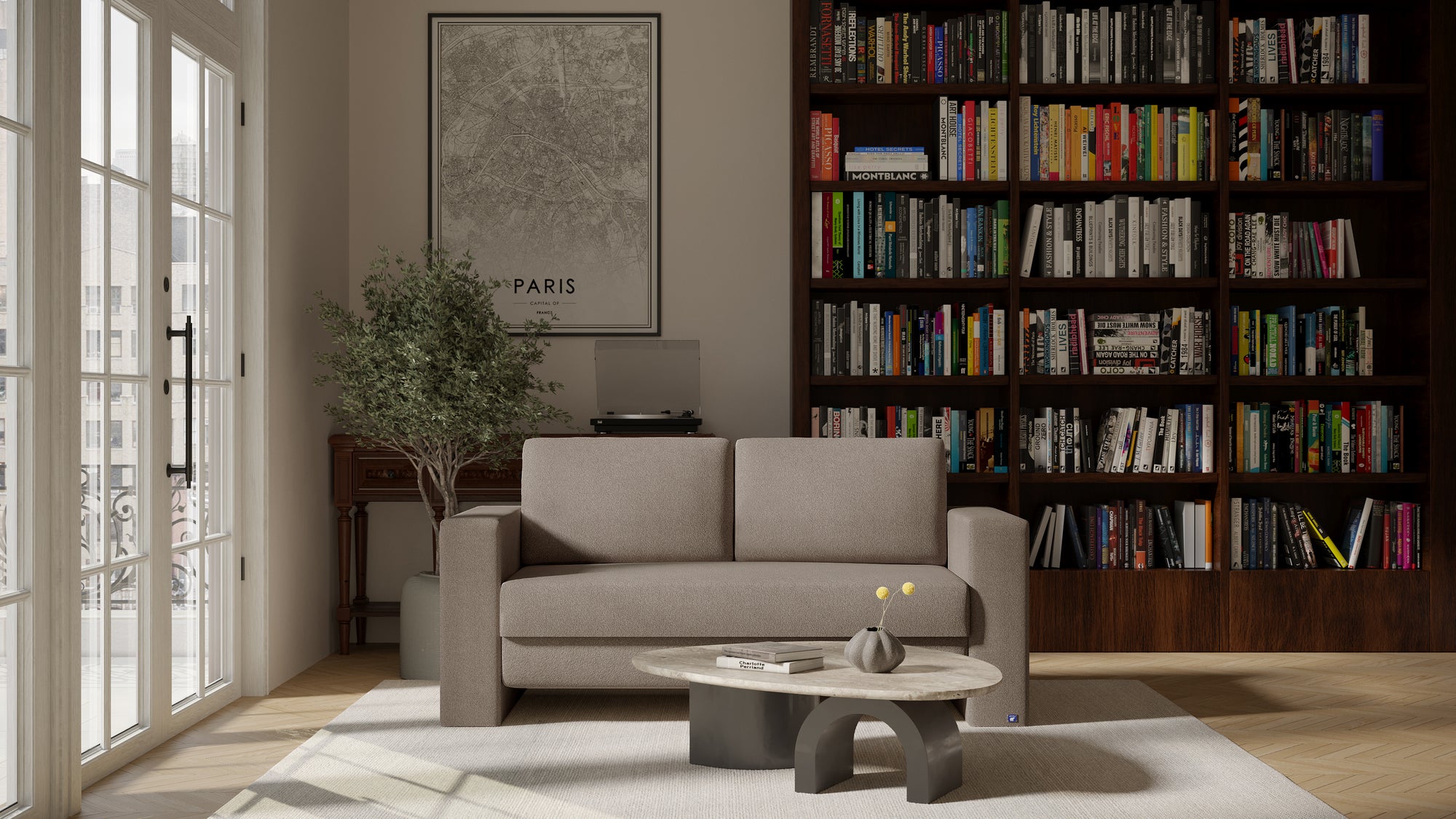 Schlafsofa von Bruno – 140 cm, in Glory Taupe, Kubus-Armlehnen