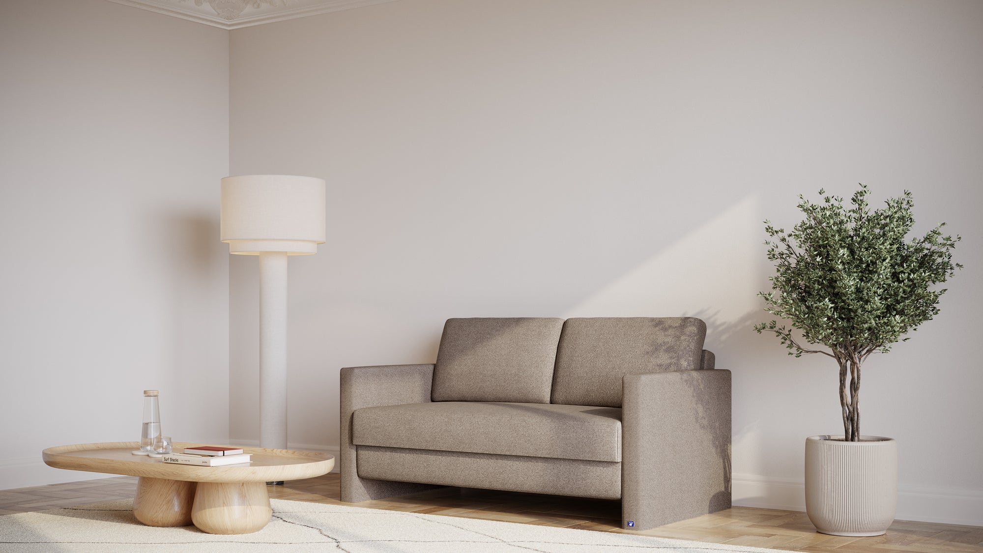 Schlafsofa von Bruno – 140 cm, in Glory Taupe, schmale Armlehnen