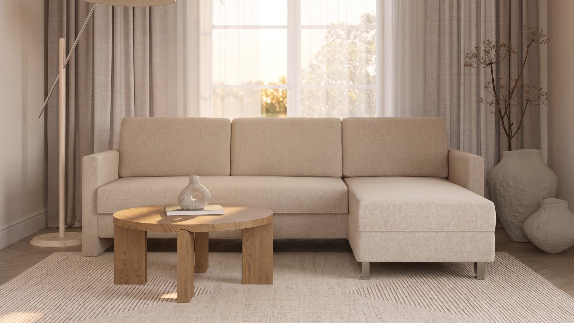 Schlafsofa von Bruno – 140 cm, in Beige, schmale Armlehnen