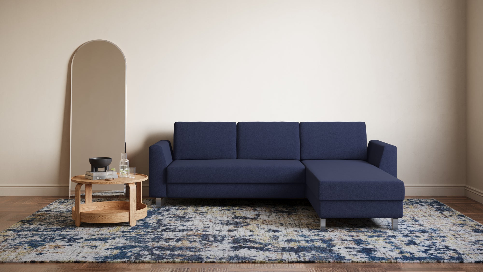 Schlafsofa von Bruno – 140 cm, in Blau, Klassik-Armlehnen, Metallfüße