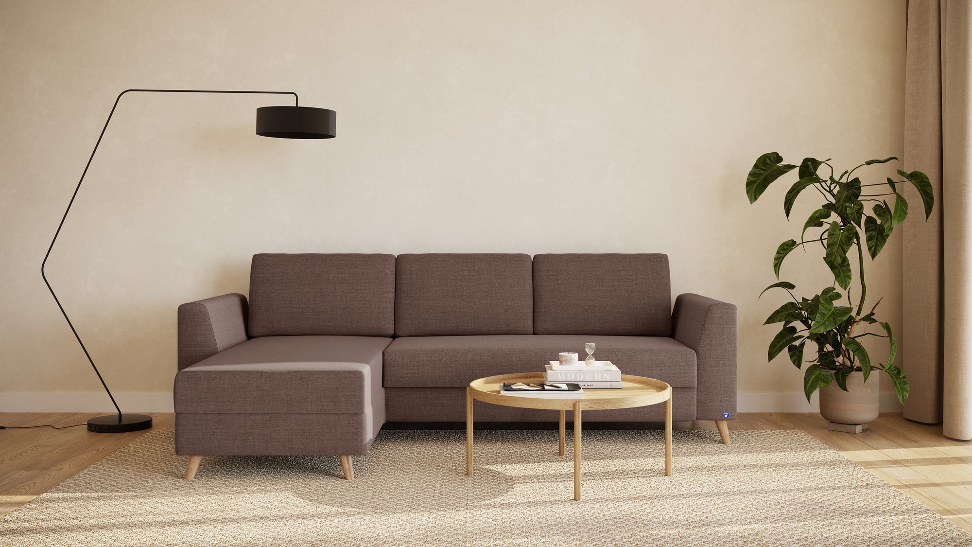 Schlafsofa von Bruno – 140 cm, in Braun, Klassik-Armlehnen, Holzfüße