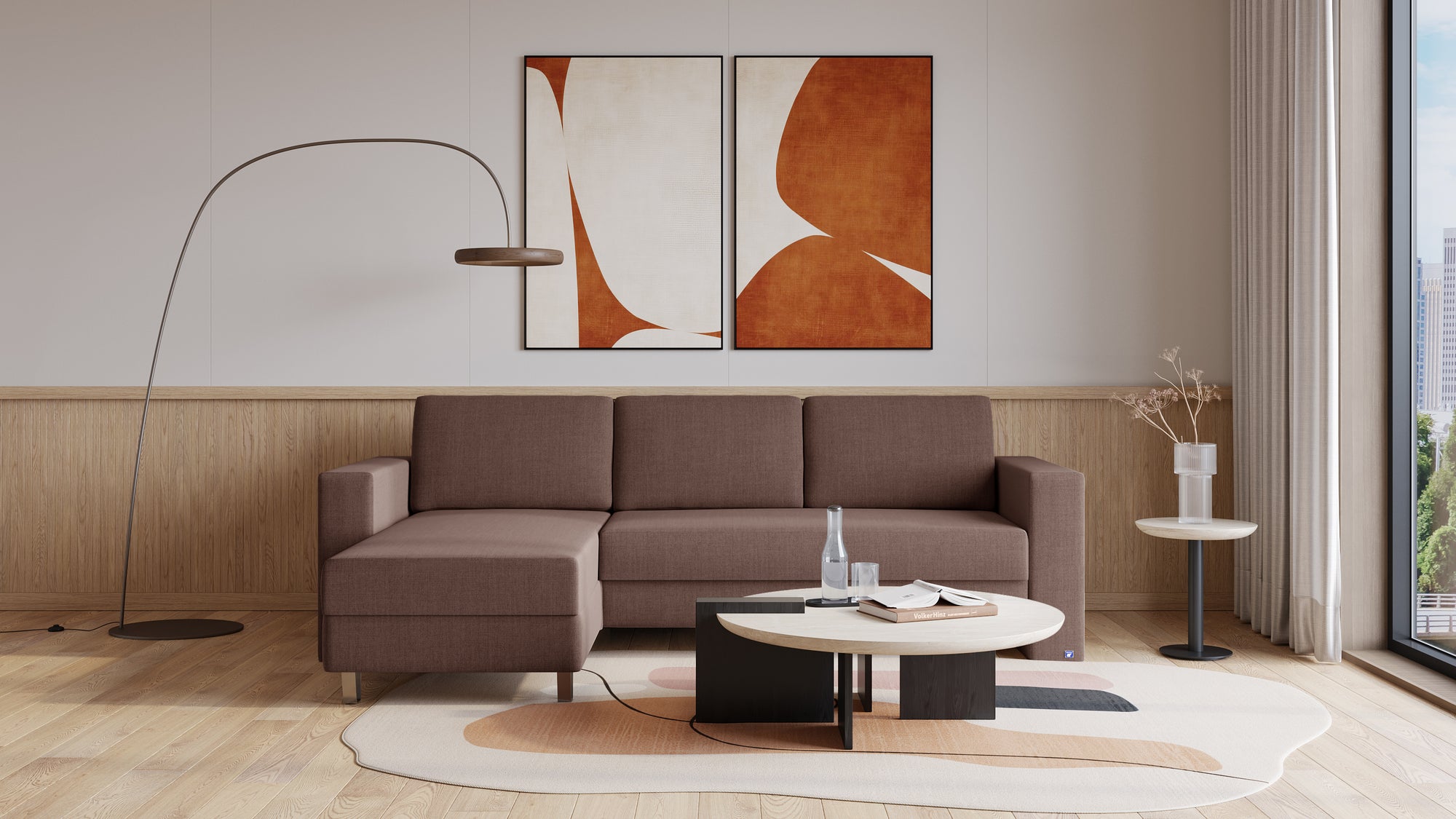 Schlafsofa von Bruno – 140 cm, in Braun, Kubus-Armlehnen