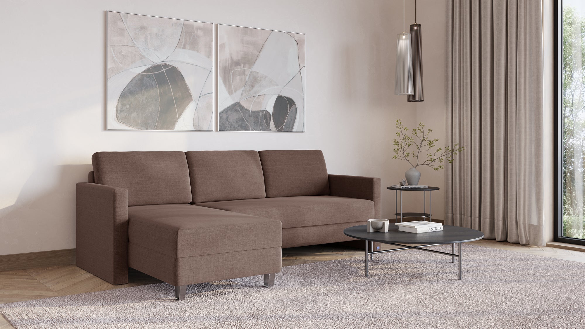 Schlafsofa von Bruno – 140 cm, in Braun, schmale Armlehnen