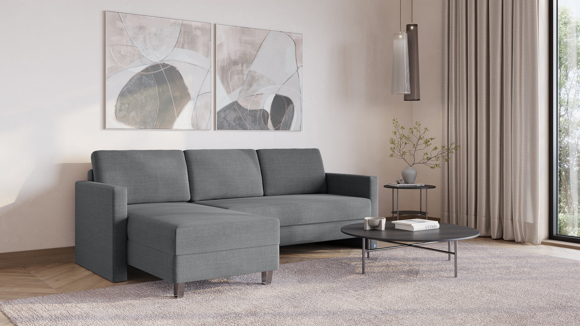 Schlafsofa von Bruno – 140 cm, in Dunkelgrau, schmale Armlehnen