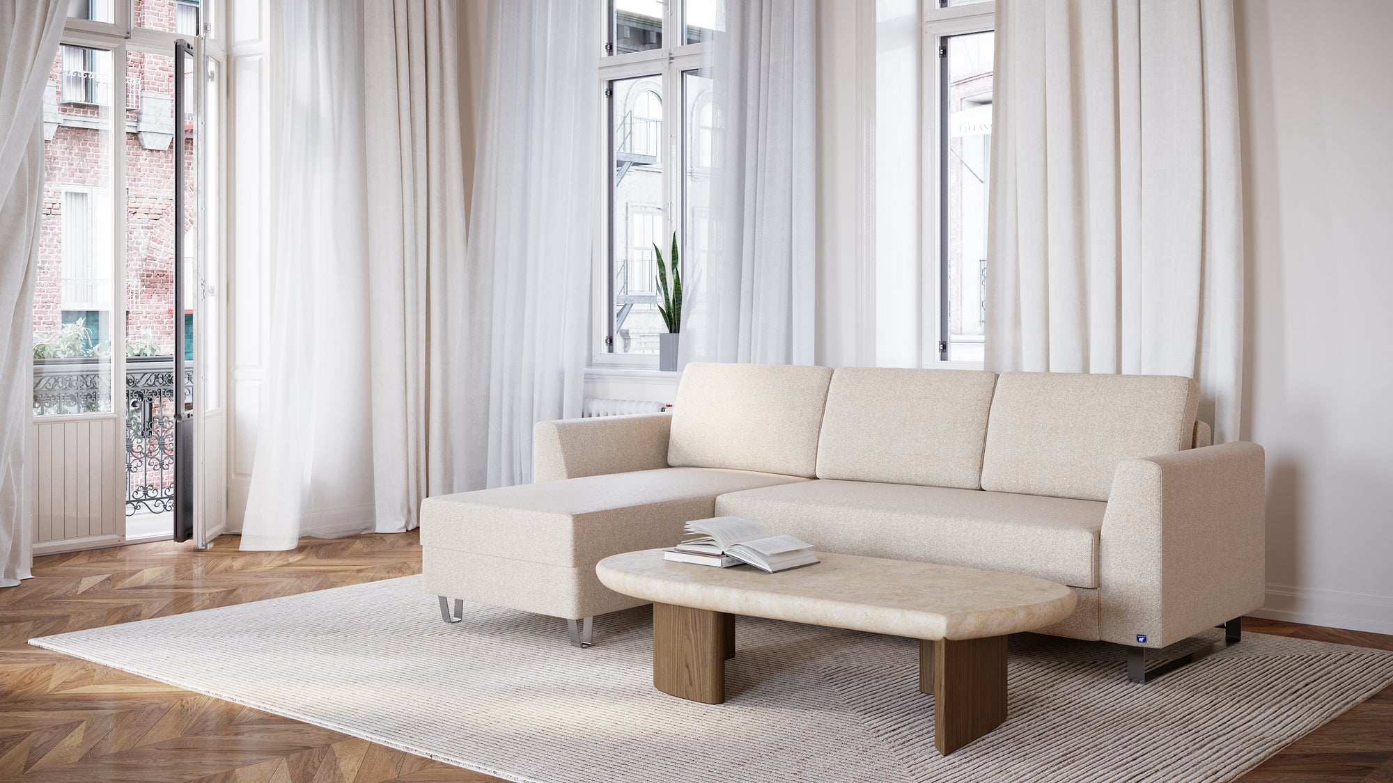 Schlafsofa von Bruno – 140 cm, in Glory Soft Beige, Klassik-Armlehnen, Metallfüße