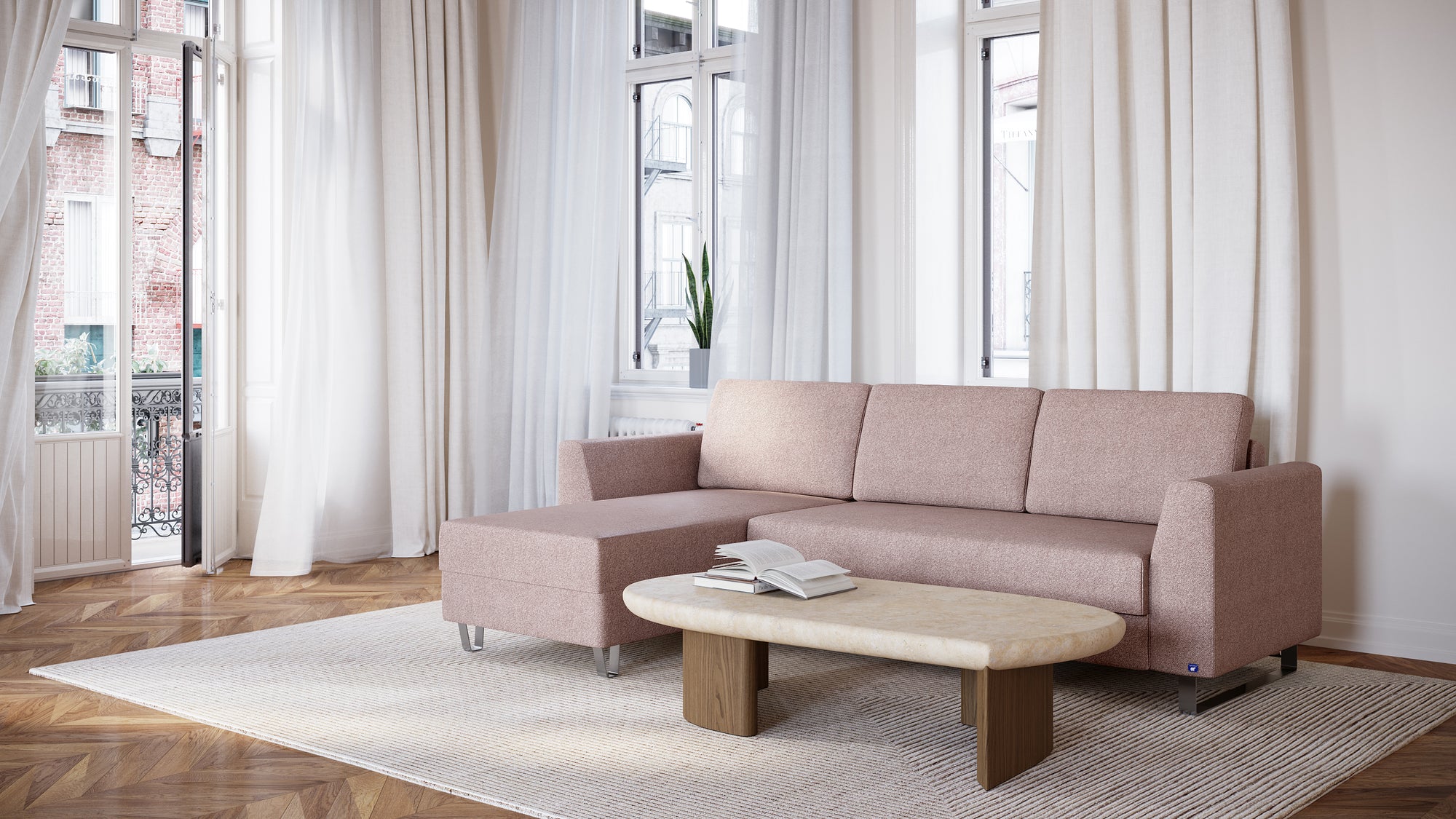 Schlafsofa von Bruno – 140 cm, in Glory Blush, Klassik-Armlehnen, Metallfüße