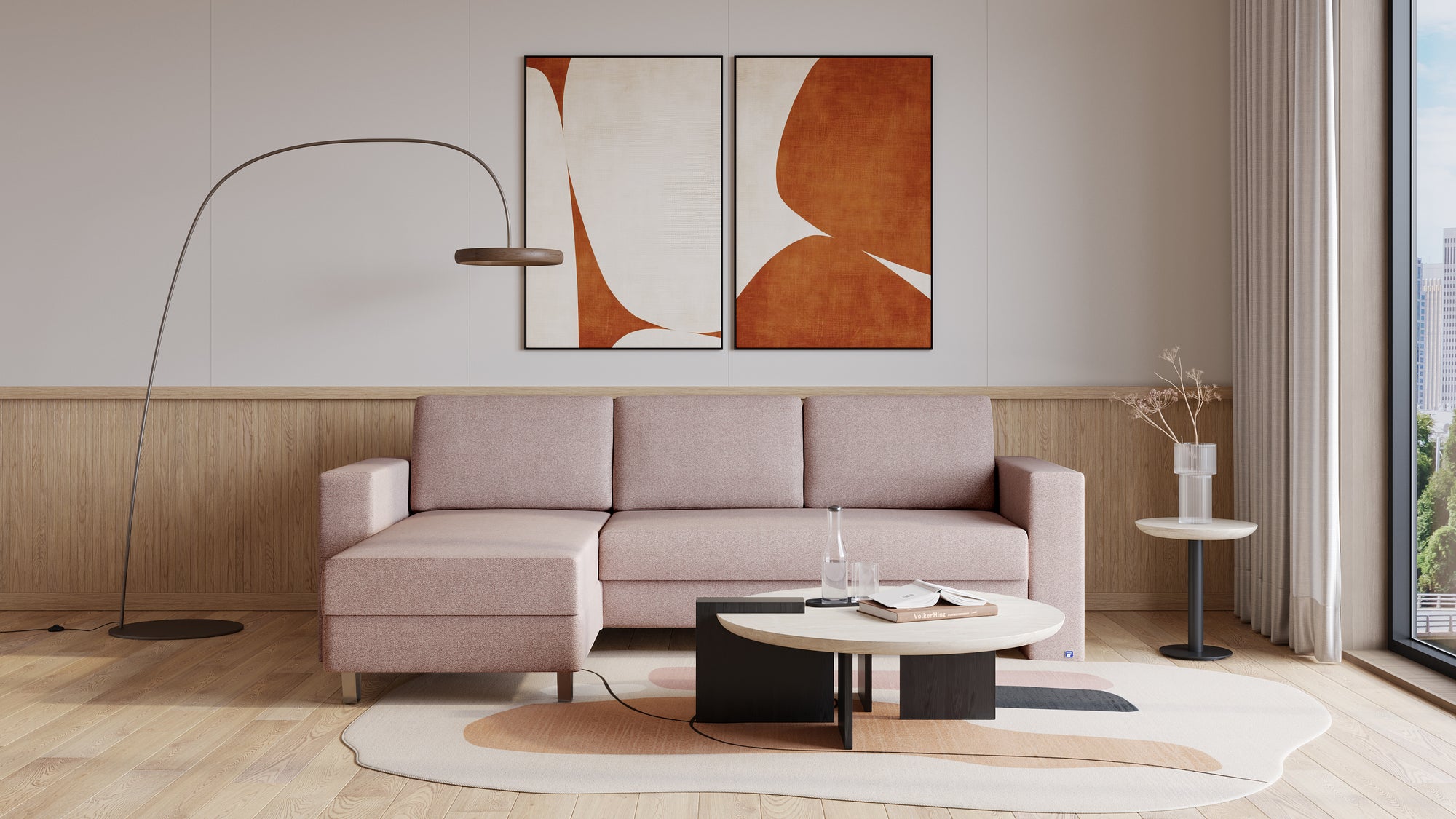 Schlafsofa von Bruno – 140 cm, in Glory Blush, Kubus-Armlehnen