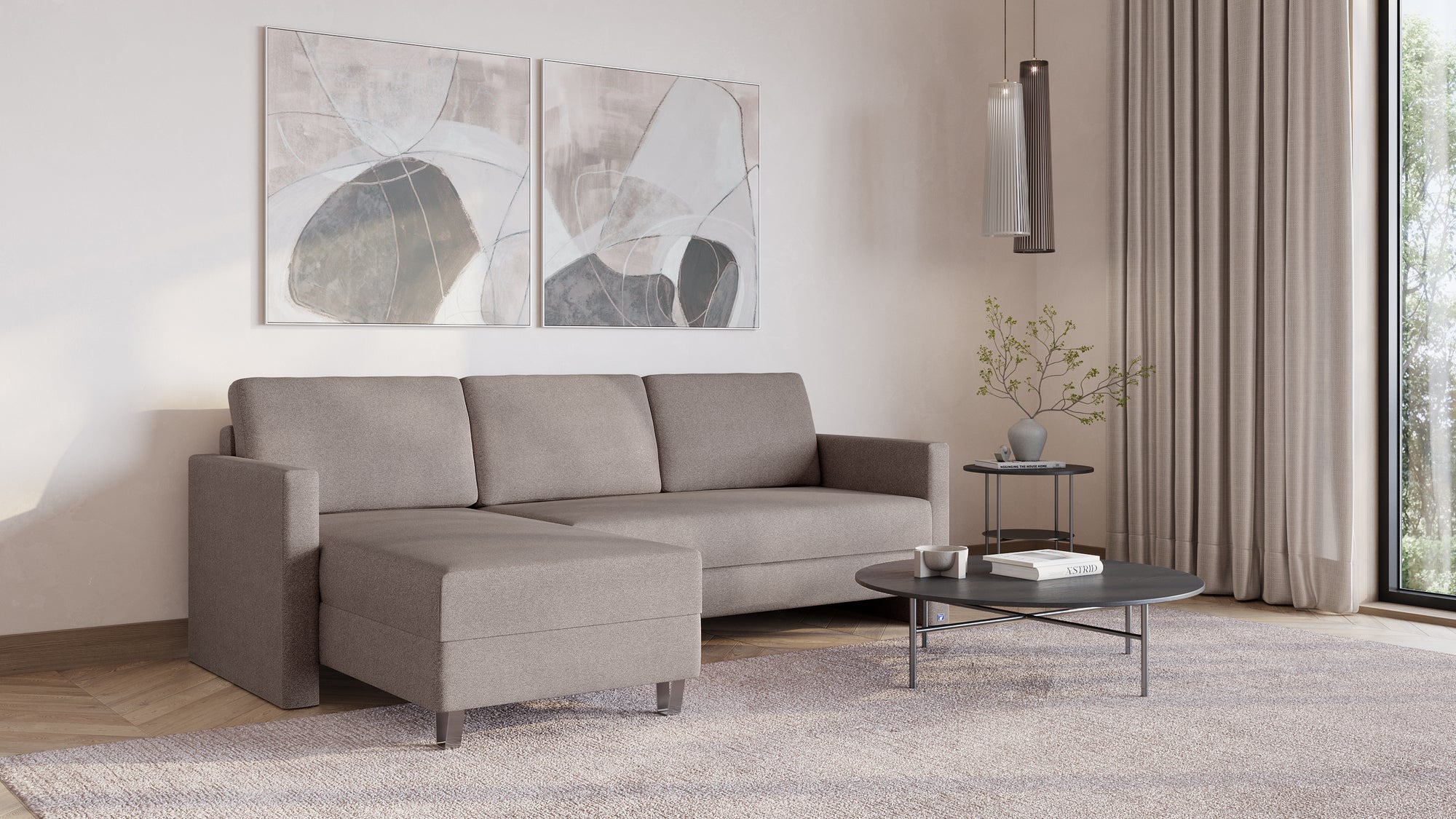 Schlafsofa von Bruno – 140 cm, in Glory Taupe, schmale Armlehnen