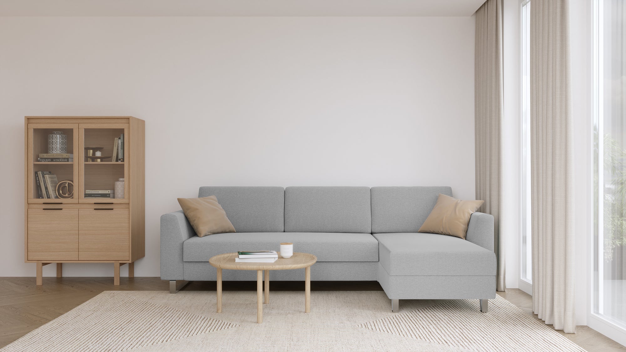 Schlafsofa von Bruno – 140 cm, in Hellgrau, Klassik-Armlehnen, Metallfüße