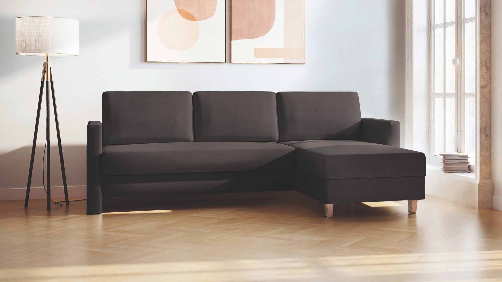 Schlafsofa von Bruno – 140 cm, in Anthrazit, schmale Armlehnen