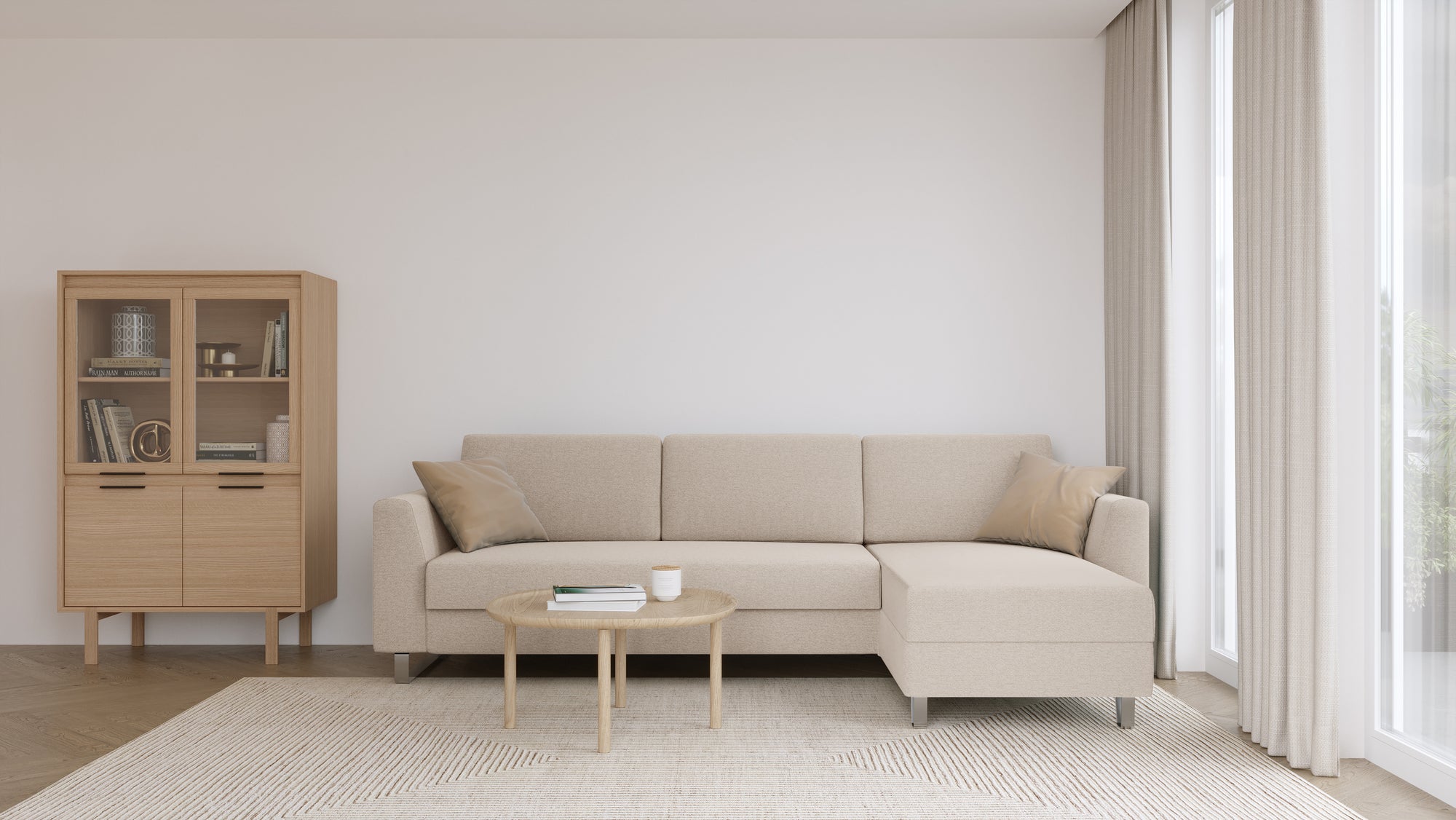 Schlafsofa von Bruno – 140 cm, in Beige, Klassik-Armlehnen, Metallfüße
