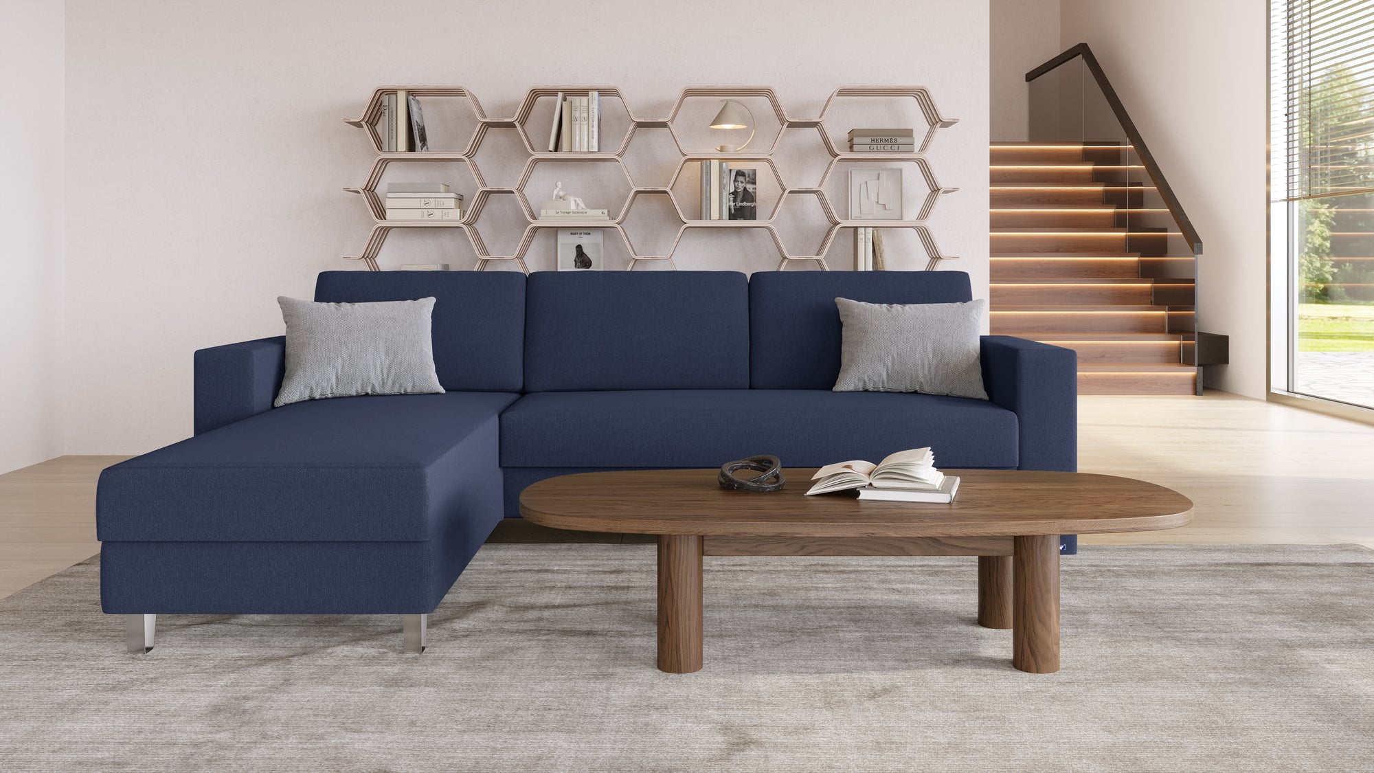 Schlafsofa von Bruno – 140 cm, in Blau, Kubus-Armlehnen